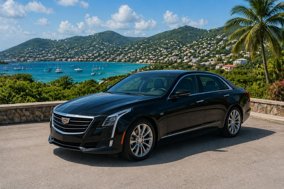 Black Cadillac car parked on a scenic road with mountains and ocean in the background
