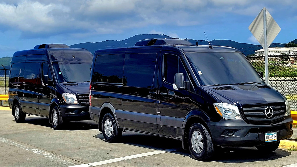 Luxury Mercedes Transit Van Fleet in front of Mountain in St. Thomas, USVI